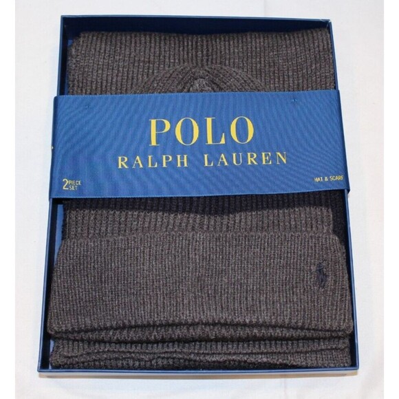 Polo Ralph Lauren Mens Hat Scarf 2 Piece Box Set One Size Gray with Navy Stripe - Picture 1 of 6